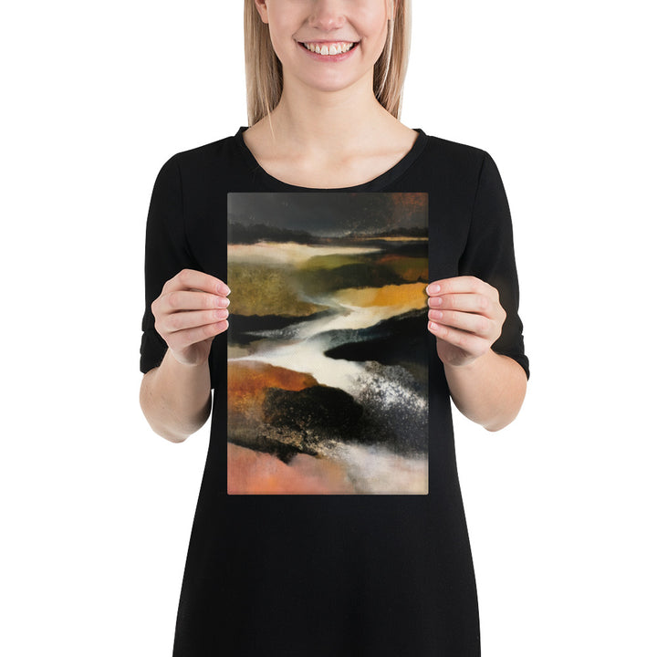 Dark abstract landscape with ember and rust tones split by pale light against deep charcoal hills