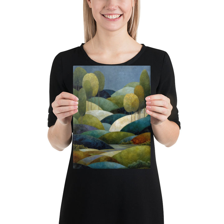 Stylized rolling hills in deep teal, moss green, and warm golden accents under a moody twilight sky