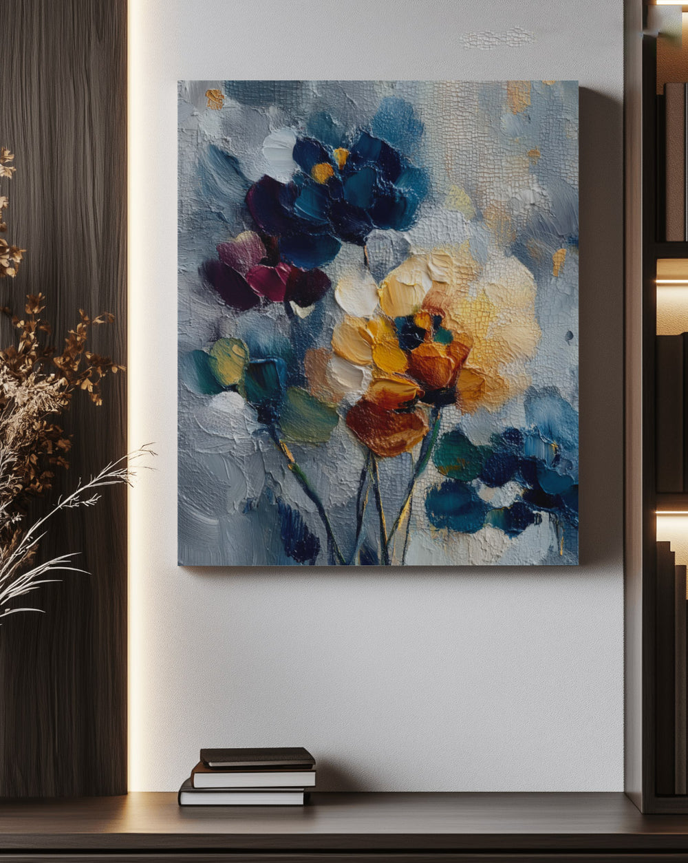 Slate Floral Relief in Navy - Premium Canvas Print Detail