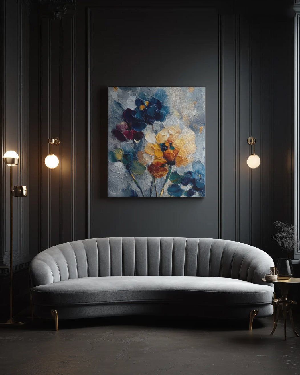 Slate Floral Relief in Navy - Premium Canvas Print Detail