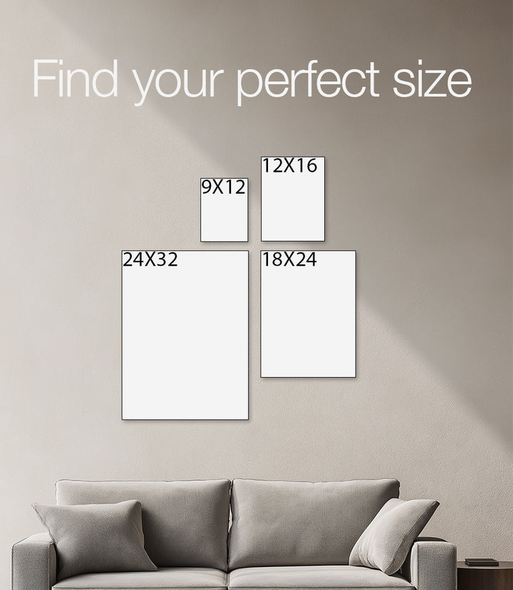 Four wall art size options displayed on a wall above a sofa with text &