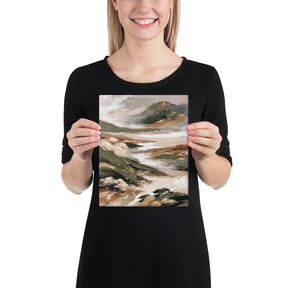 Abstract mountain ridges in olive green, warm bronze, and misty cream earth tones