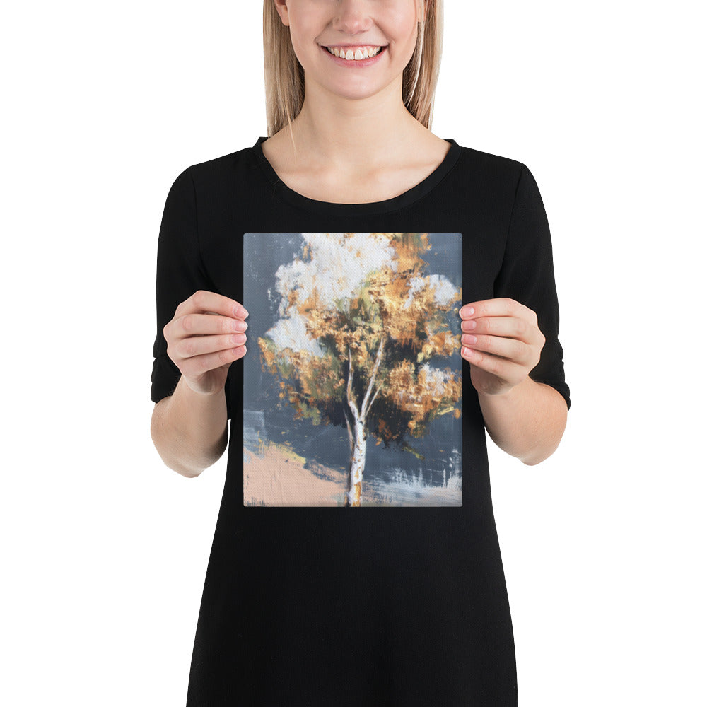 Lone birch tree with luminous amber canopy against a dusky blue-grey sky with visible brushwork
