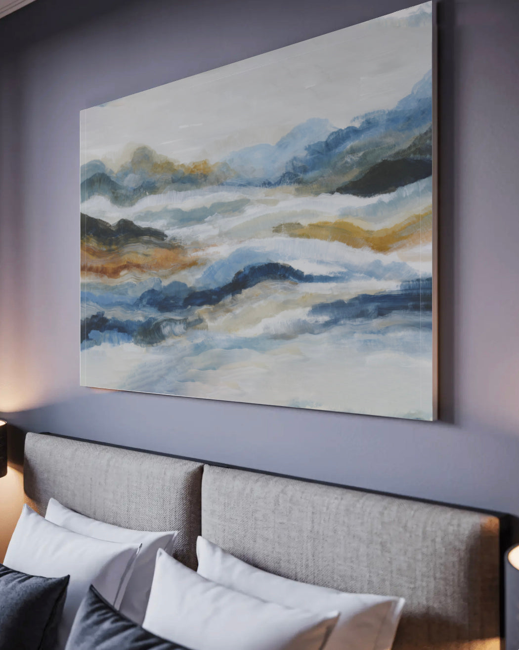 Abstract landscape with sweeping blue, amber, and misty charcoal layers suggesting distant mountains