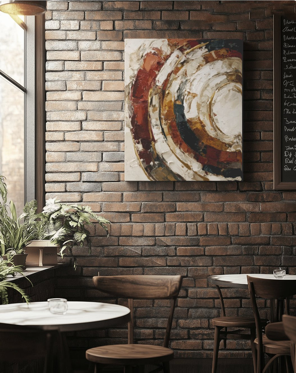 Abstract terracotta and cream canvas print on an exposed brick wall in a cozy cafe with marble tables
