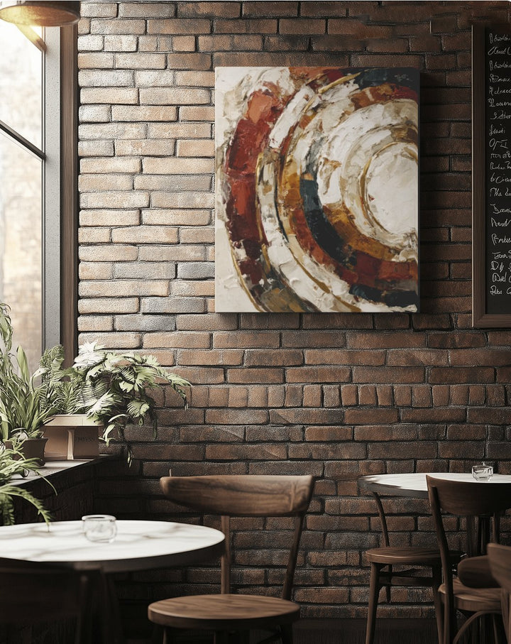 Abstract terracotta and cream canvas print on an exposed brick wall in a cozy cafe with marble tables