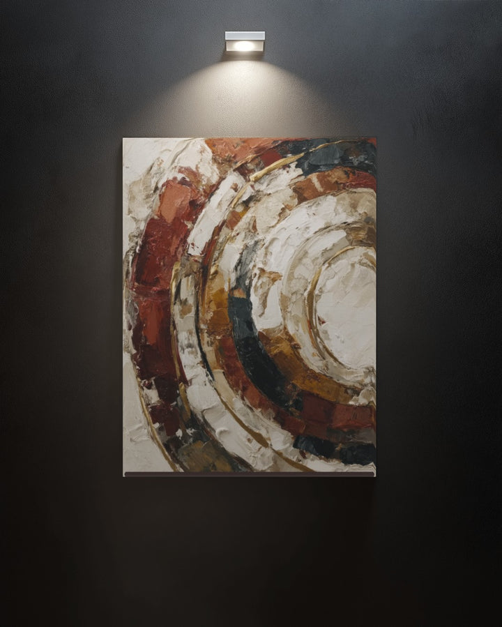 Terracotta arcs abstract canvas wall art spotlit on a dark charcoal gallery wall in rust, cream and gold