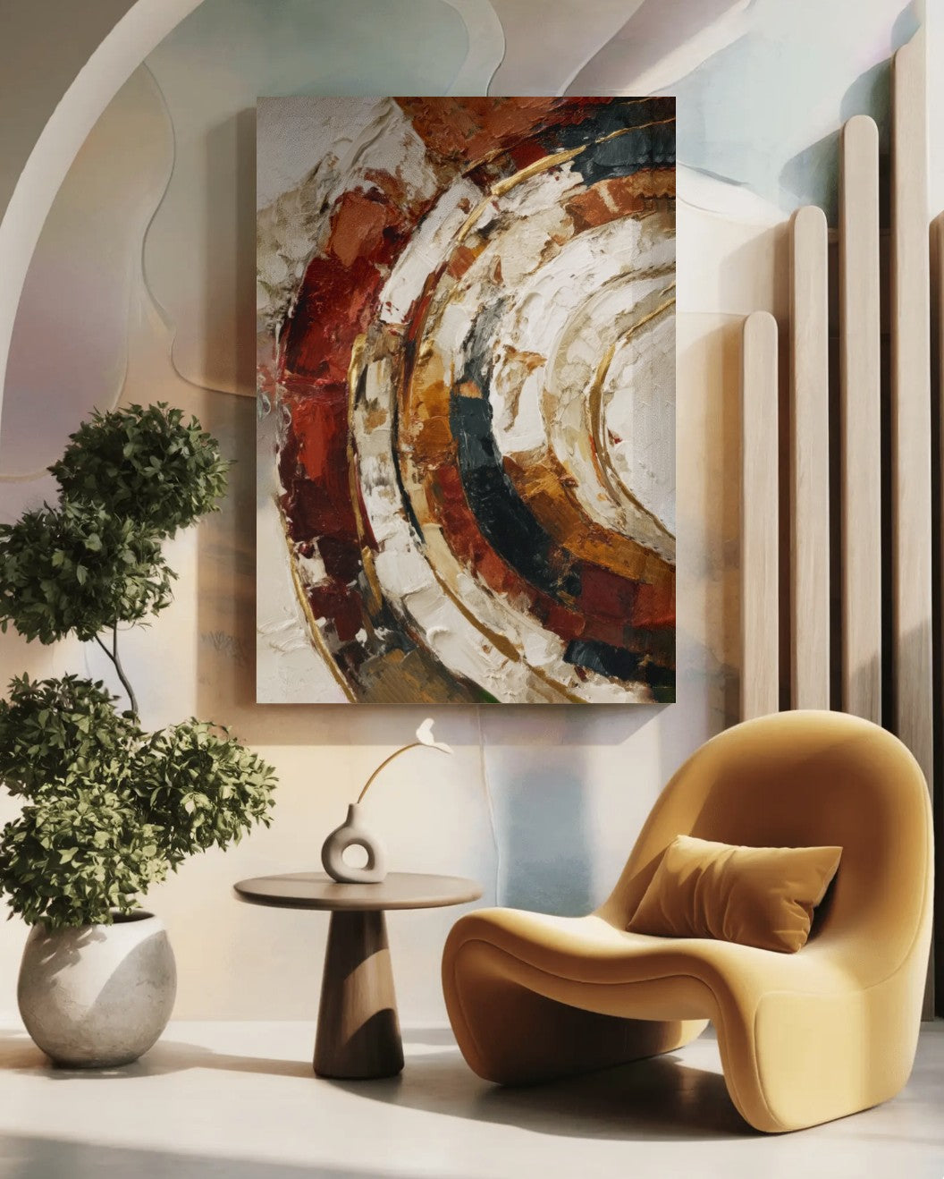 Rust and cream abstract canvas print above a mustard velvet lounge chair in a warm modern living room