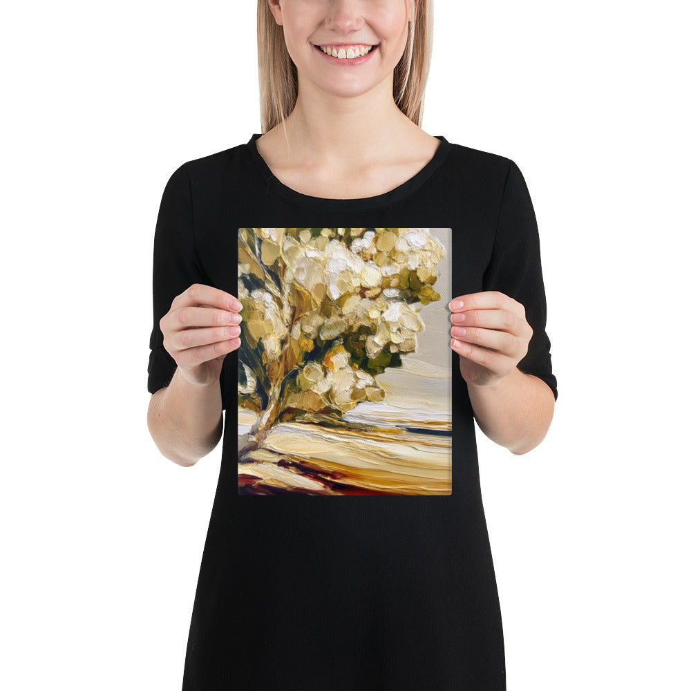 Single tree with olive and cream canopy on warm earth-toned ground with soft painterly light