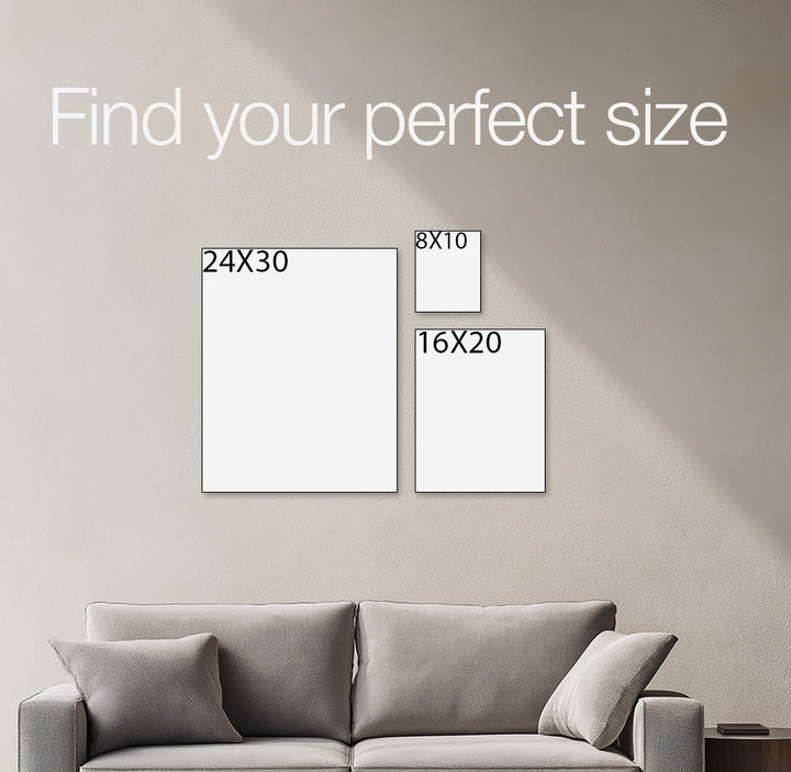 Wall with framed art prints of different sizes and text &