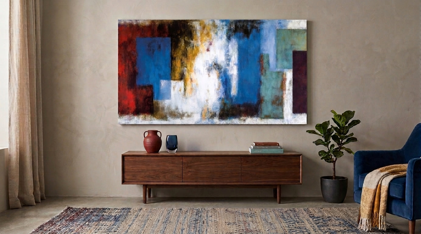 Abstract painting on a wall above a wooden console table in a living room.