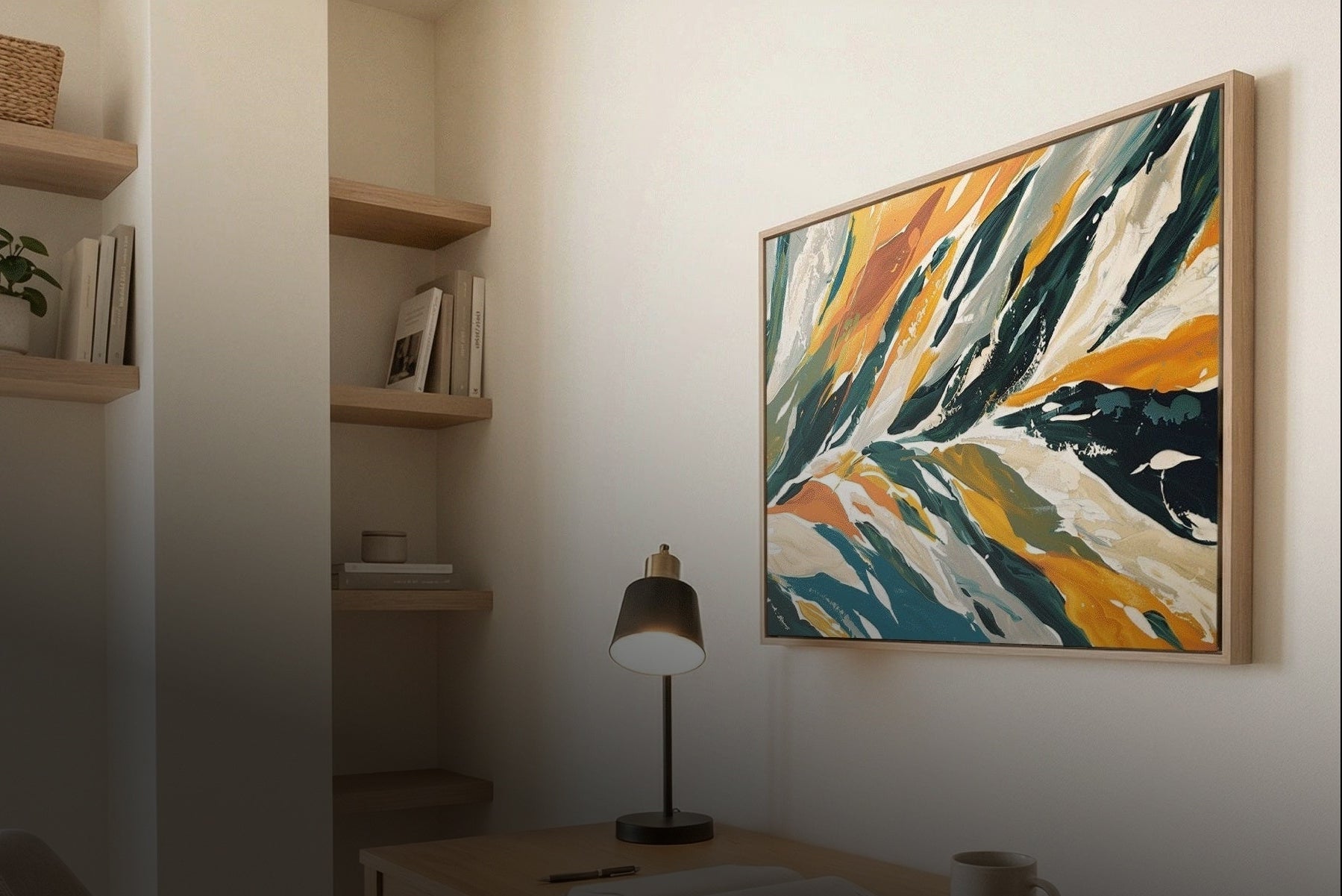 Abstract nature painting on a home interior wall with shelves and a lamp in the background