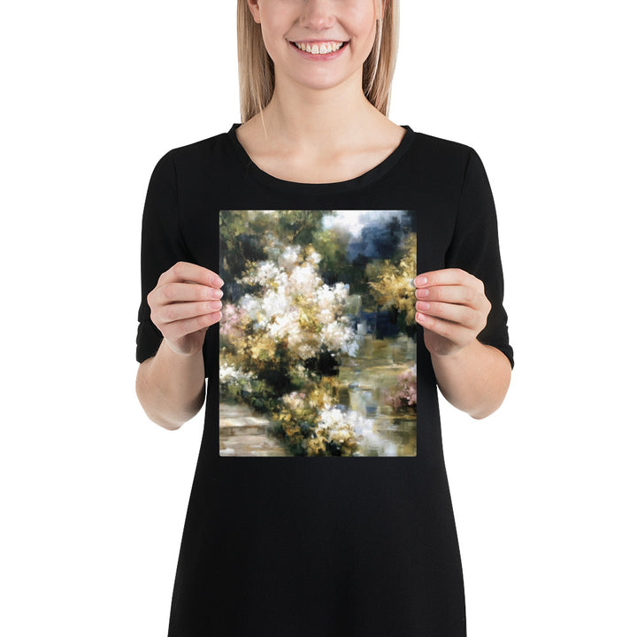 Painterly garden scene with warm blooms cascading over mossy green banks beside still water