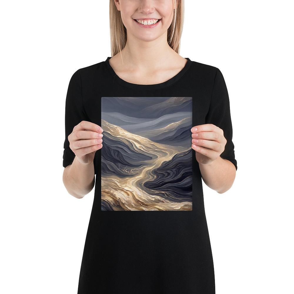 Abstract dark landscape with deep navy waves and luminous silver-gold flow like moonlit dunes