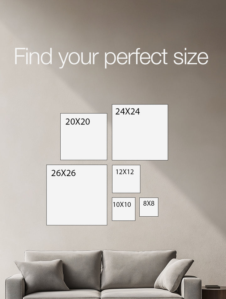 A wall-mounted size guide showing different photo frame sizes labeled 20X20, 24X24, 26X26, 12X12, 10X10, and 8X8 above a sofa, with the text &