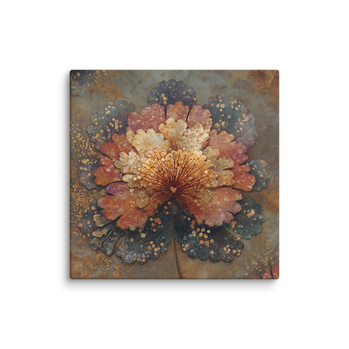 Textured abstract bloom in rust, terracotta, teal and ochre on aged charcoal ground