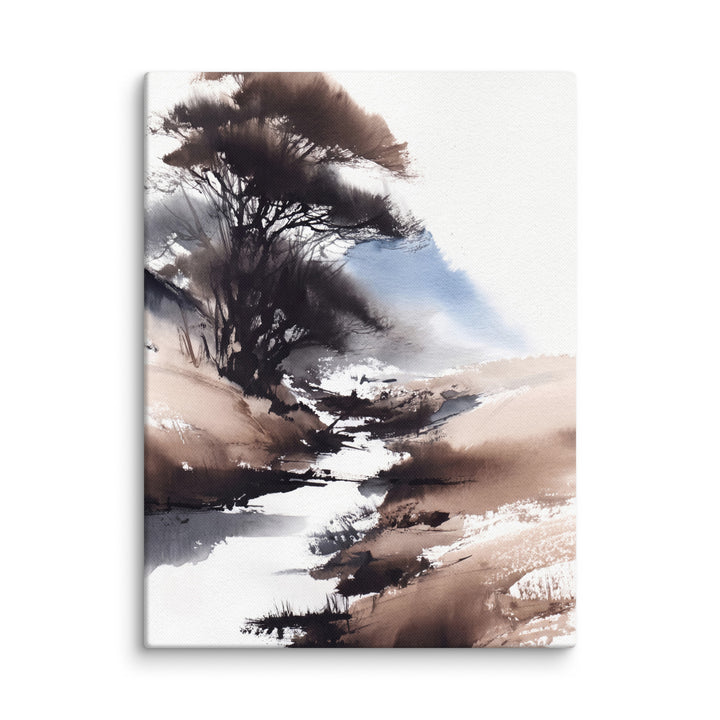 Sumi-e style ink wash with dark charcoal tree form, taupe washes, and soft blue haze on textured paper