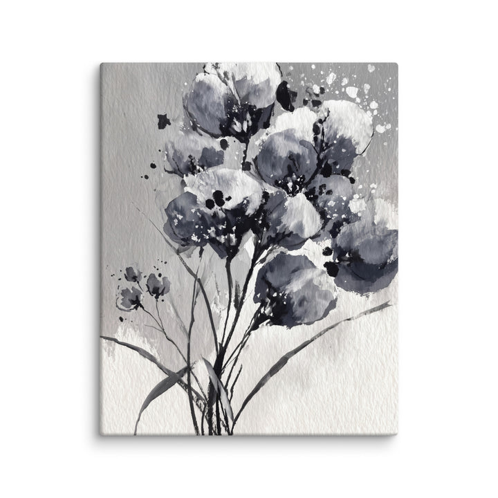 Black and grey ink wash floral with soft blooms and slender stems on textured paper