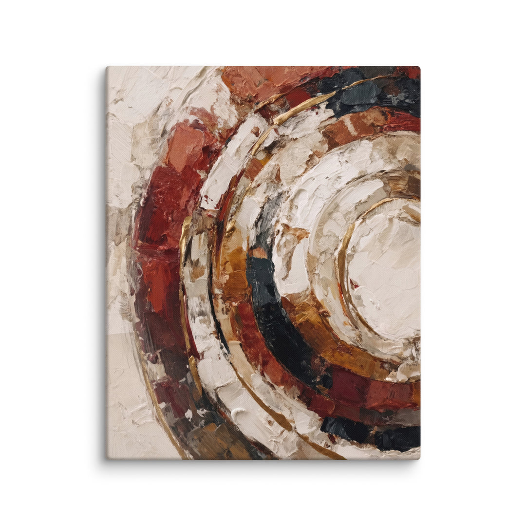 Impasto abstract with terracotta, ochre arcs on cream, rust, charcoal, gold accents. Dimensional ridges, balanced geometric暖