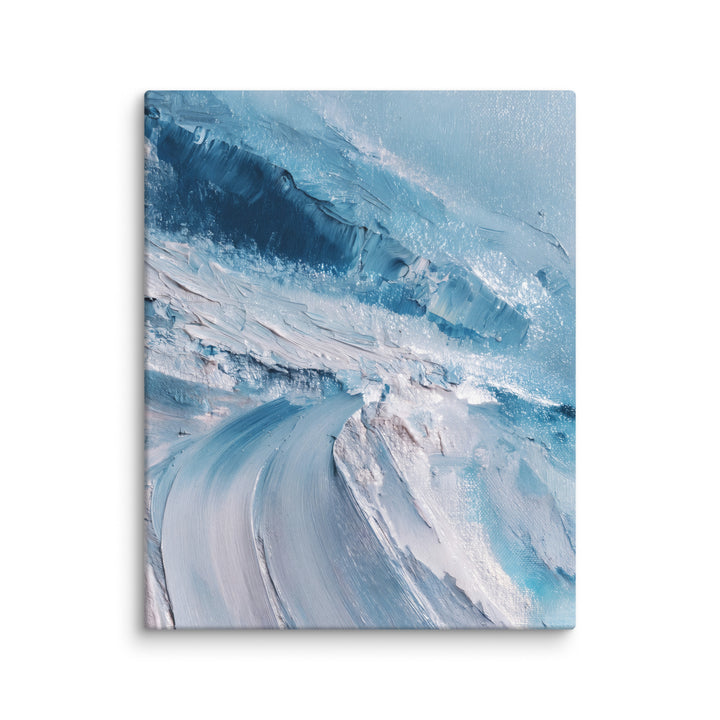 Close-up of richly textured impasto canvas in ice blue, slate, and white with thick ridges catching directional light.