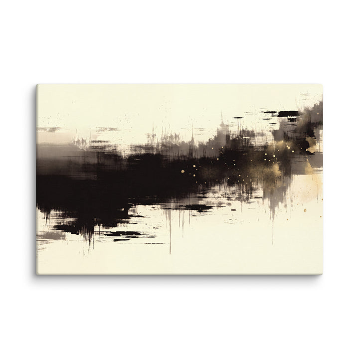 Horizontal sumi ink wash with bold black strokes, smoky greys, and sparse gold accents on warm ivory paper