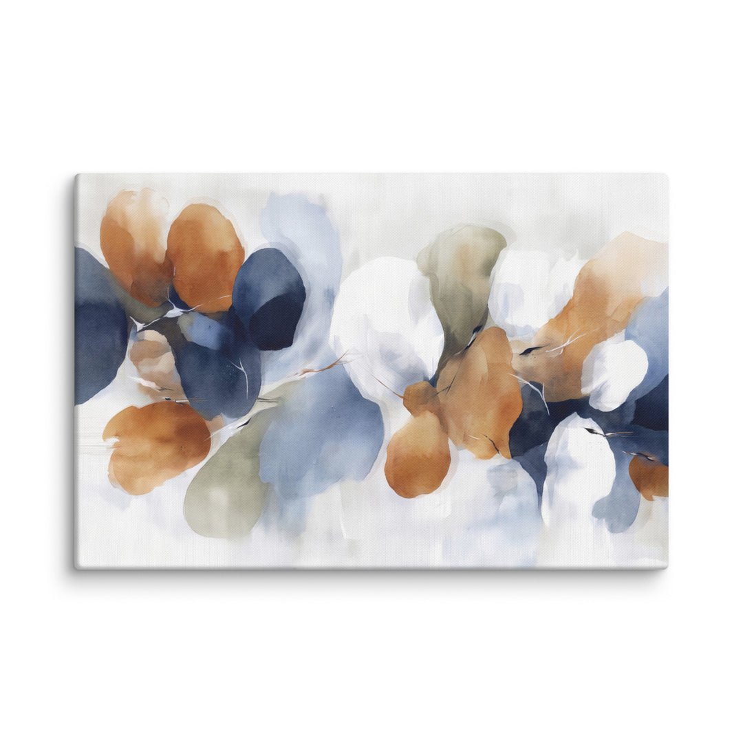 Minimalist abstract watercolor with ochre, sage, and slate shapes on creamy ground, visible canvas texture
