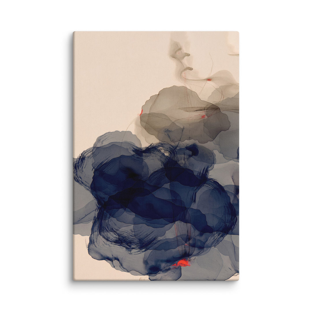 Abstract indigo ink wash with textured brushwork on warm ivory ground and sparse vermillion accents