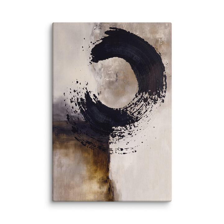 Minimalist abstract canvas with bold black circular brushstroke over layered cream, taupe, and charcoal fields