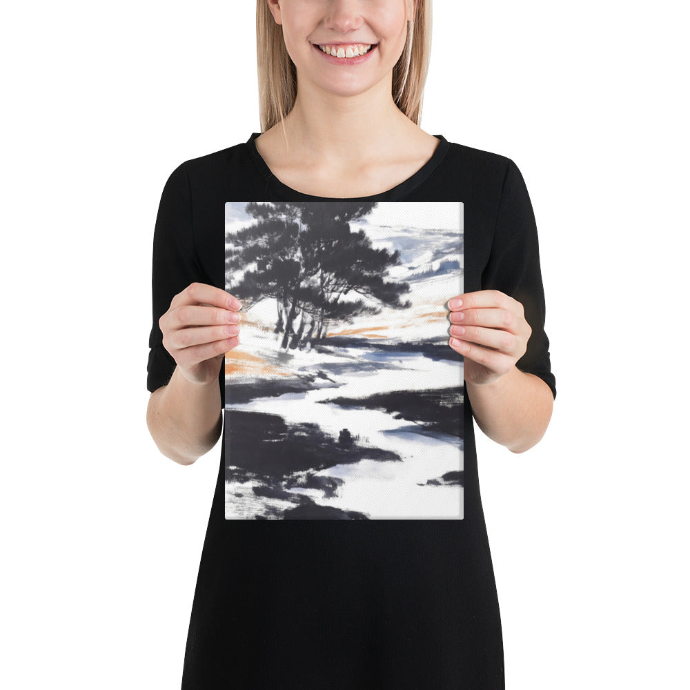 Bold ink-style pine trees against a white winter landscape with warm ochre hills