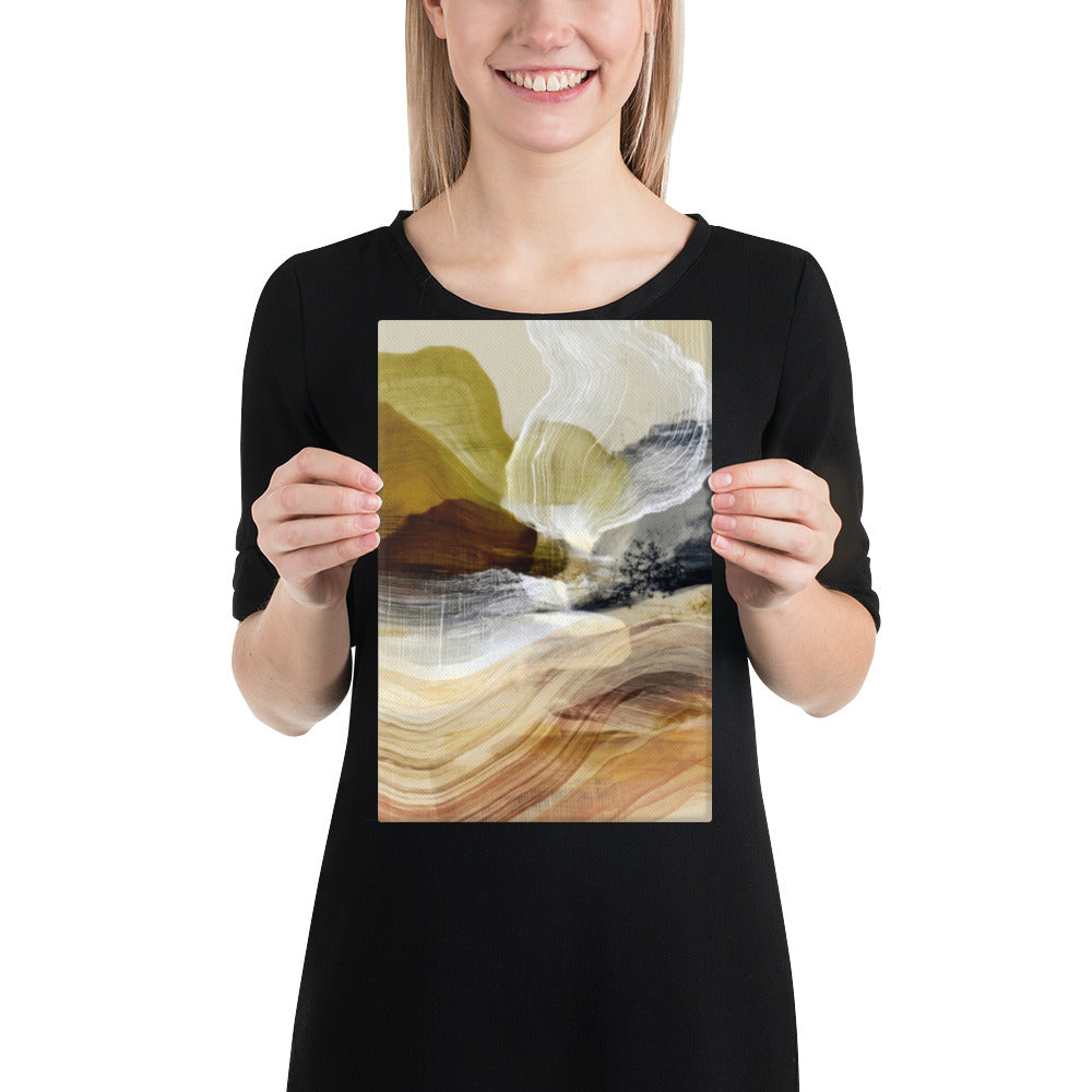 Abstract earth-tone landscape with sweeping sand, ochre, and olive layers suggesting natural dunes