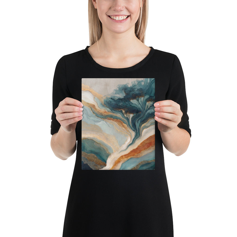 Organic teal tree form unfurling from flowing marble, bronze, and cream geological layers