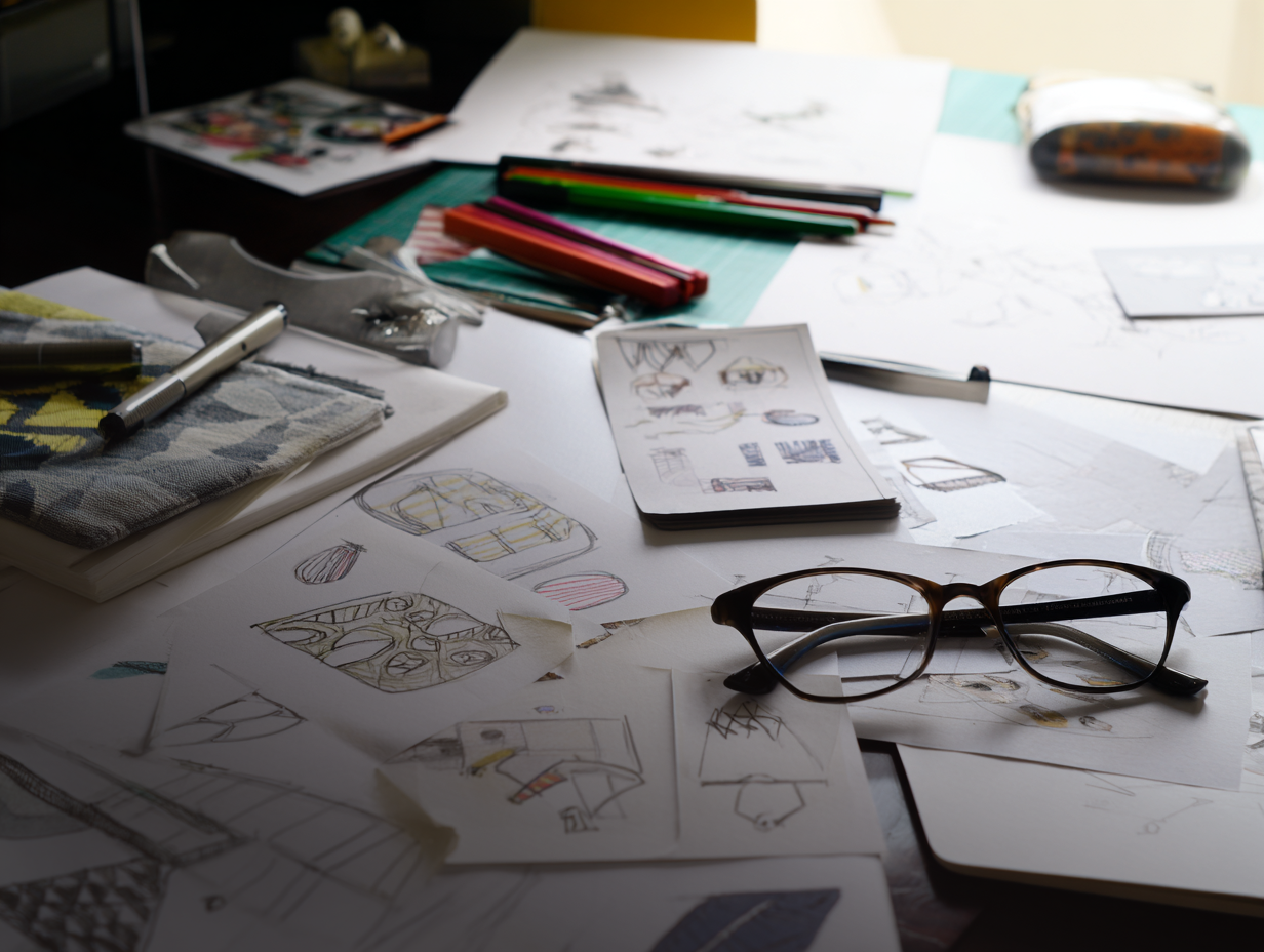 Artist Desk with who, what, where of design orocess sketches, glasses, and stationery items